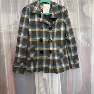 Aeropostale Plaid Peacoat in Blue, Gray, Yellow